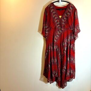SUZANNE BETRO Sz 4X Bohemian Sheer Paisley Asymmetrical Open Sleeve Dress NEW
